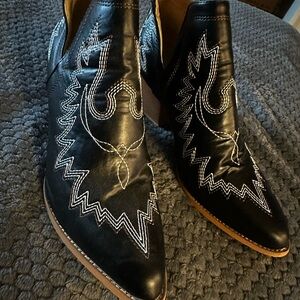 Black Leather Western Ankle Boots